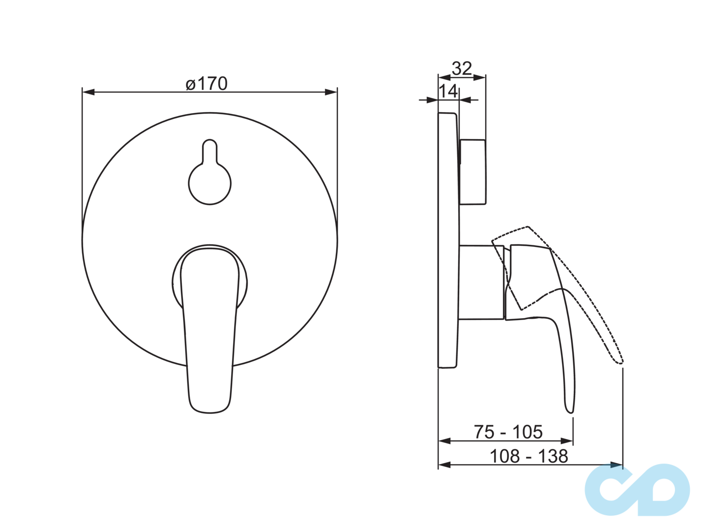 креслення Змішувач для ванни і душа Oras Safira 1044C