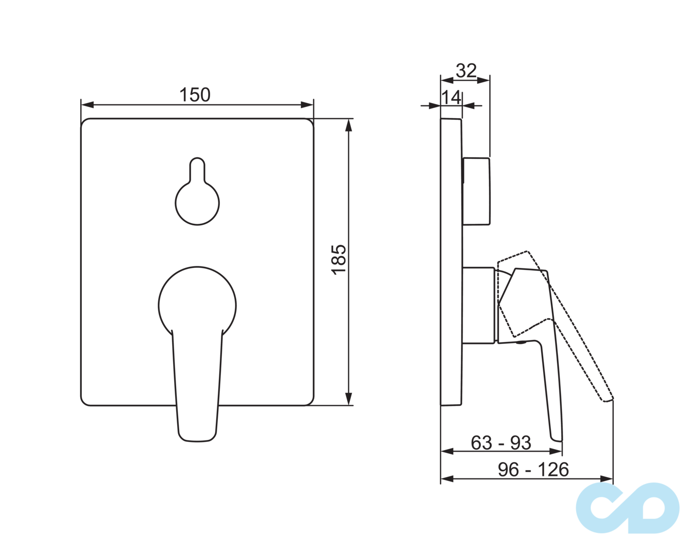 креслення Змішувач для ванни і душа Oras Saga 3988