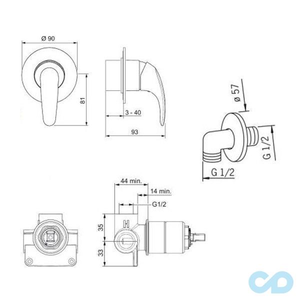 креслення Гігієнічний душ Oras Polara 1487 + 1486 + 272040 + 261998