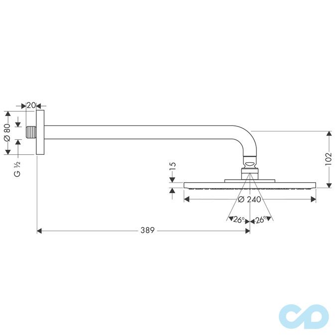 чертеж Верхний душ Hansgrohe Raindance S 180 27476000