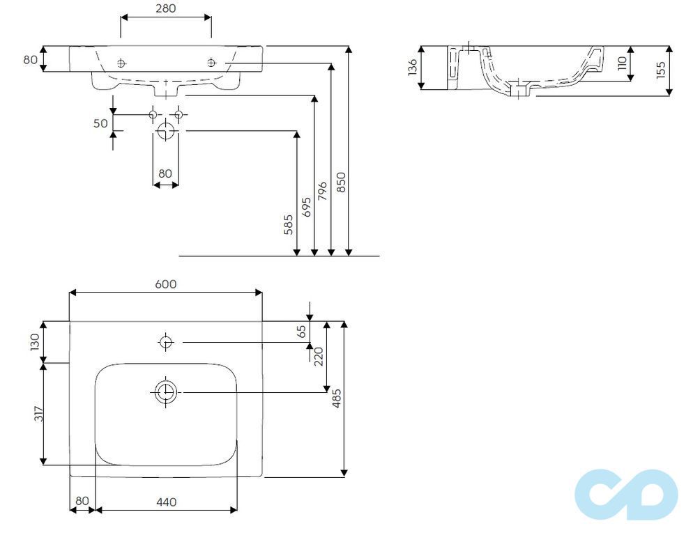 технічна схема Тумба з умивальником Kolo Modo 89425000/L3196000
