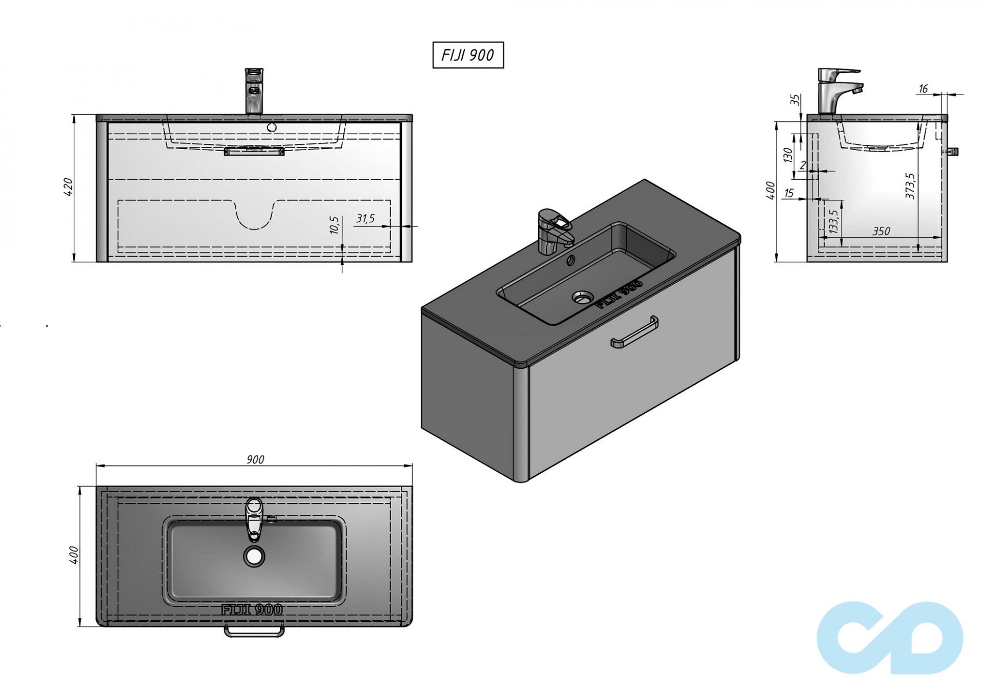 креслення Тумба з умивальником Fancy Marble Bali 90