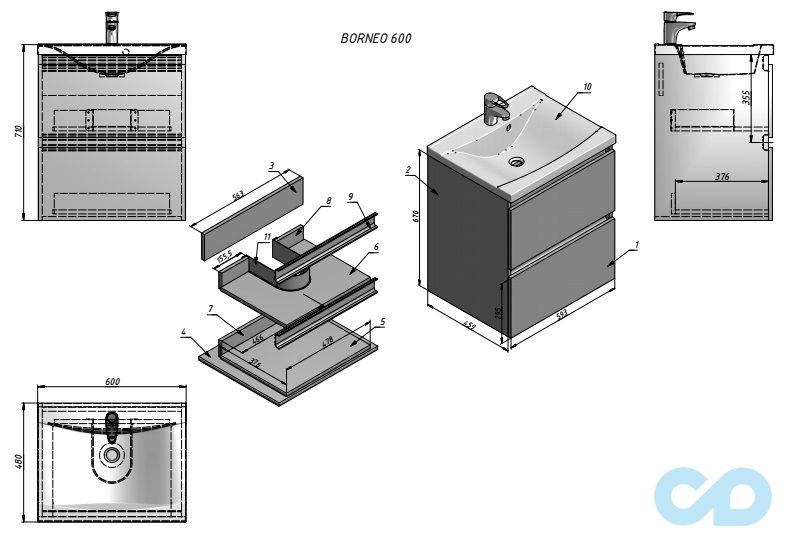 креслення Тумба з умивальником Fancy Marble Borneo 600