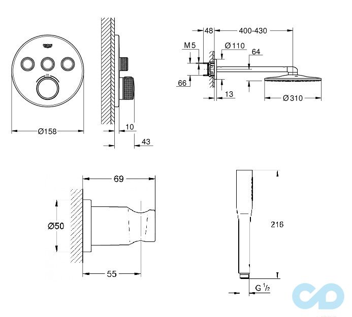 креслення Душова система прихованого монтажу Grohe Grohtherm SmartControl 34705000