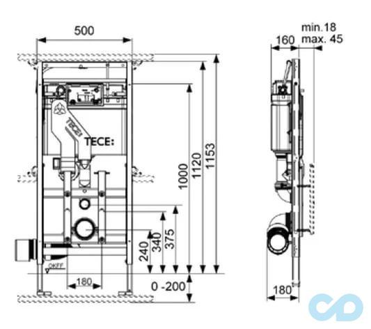 креслення Інсталяція для унітазу TECElux 9600400