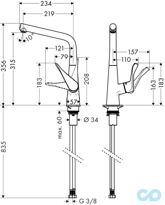 розмір змішувач для кухні hansgrohe metris 14822000