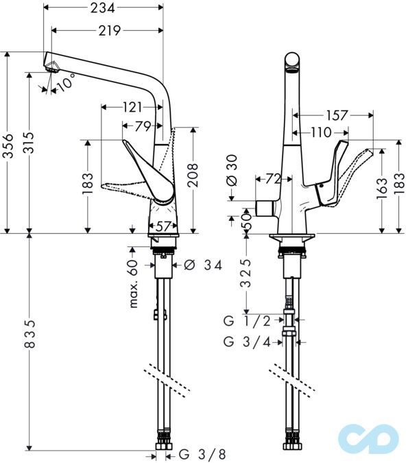 розмір змішувач для кухні hansgrohe metris 14888000