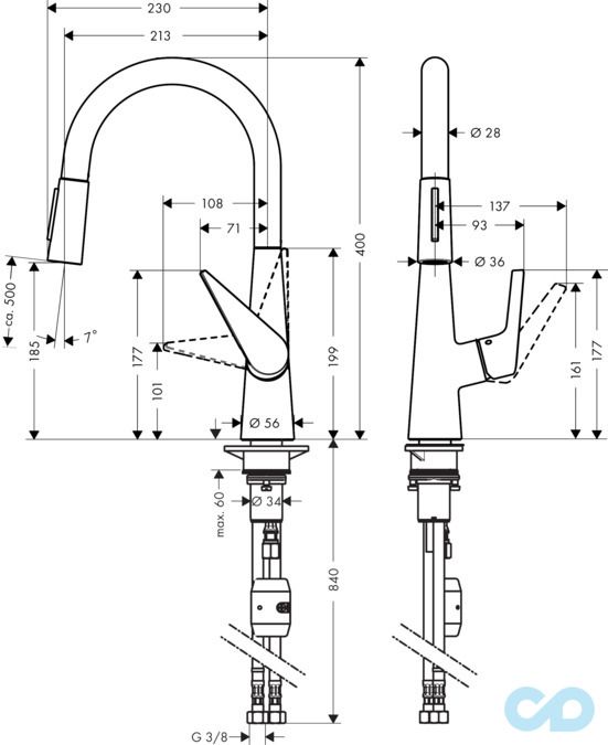 розмір змішувач для кухні hansgrohe talis s 72813800