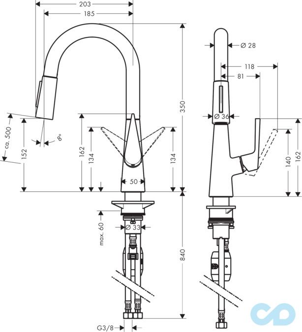 розмір змішувач для кухні hansgrohe talis s 72815000