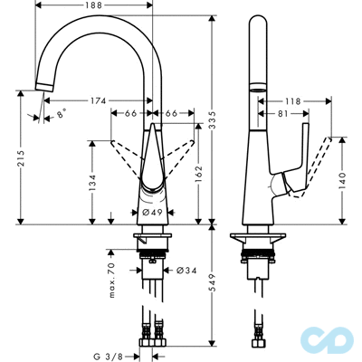 розмір змішувач для кухні hansgrohe talis s 72814800