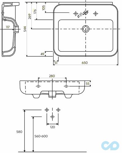 раковина kolo ego by antonio citterio k11165000 размеры
