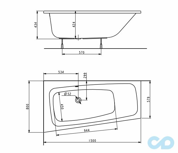 чертеж Ванна акриловая Kolo Split XWA1651000