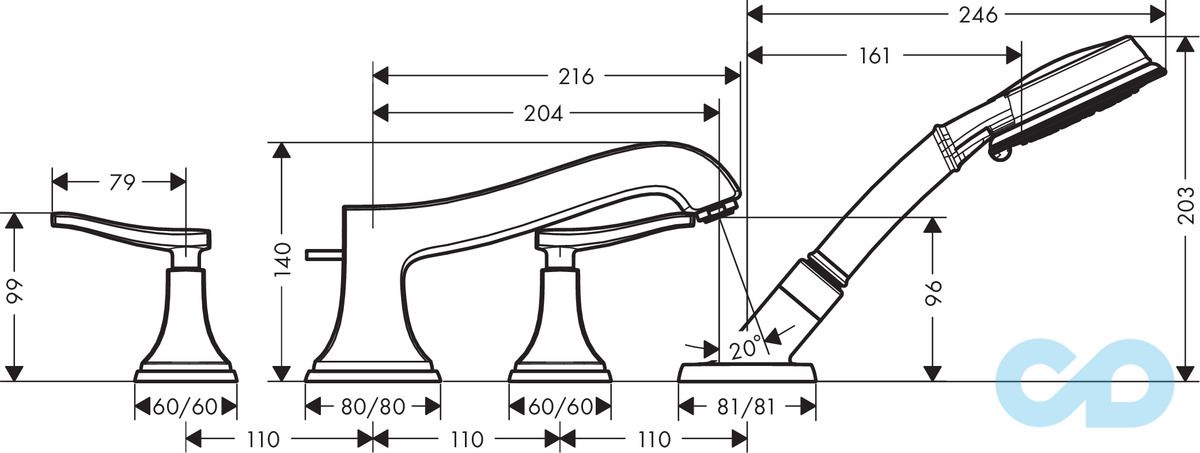 розмір змішувач для ванни hansgrohe metropol classic 31441000