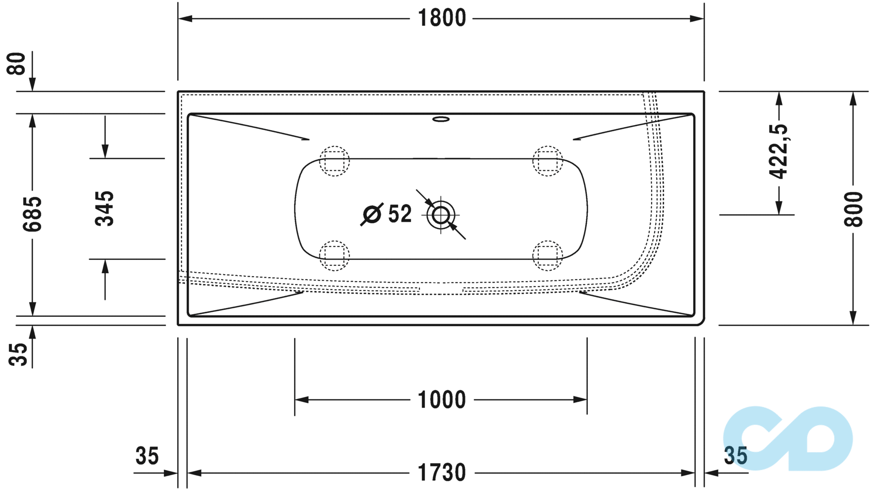 креслення Ванна кутова Duravit DuraSquare 700427000000000 (ліва