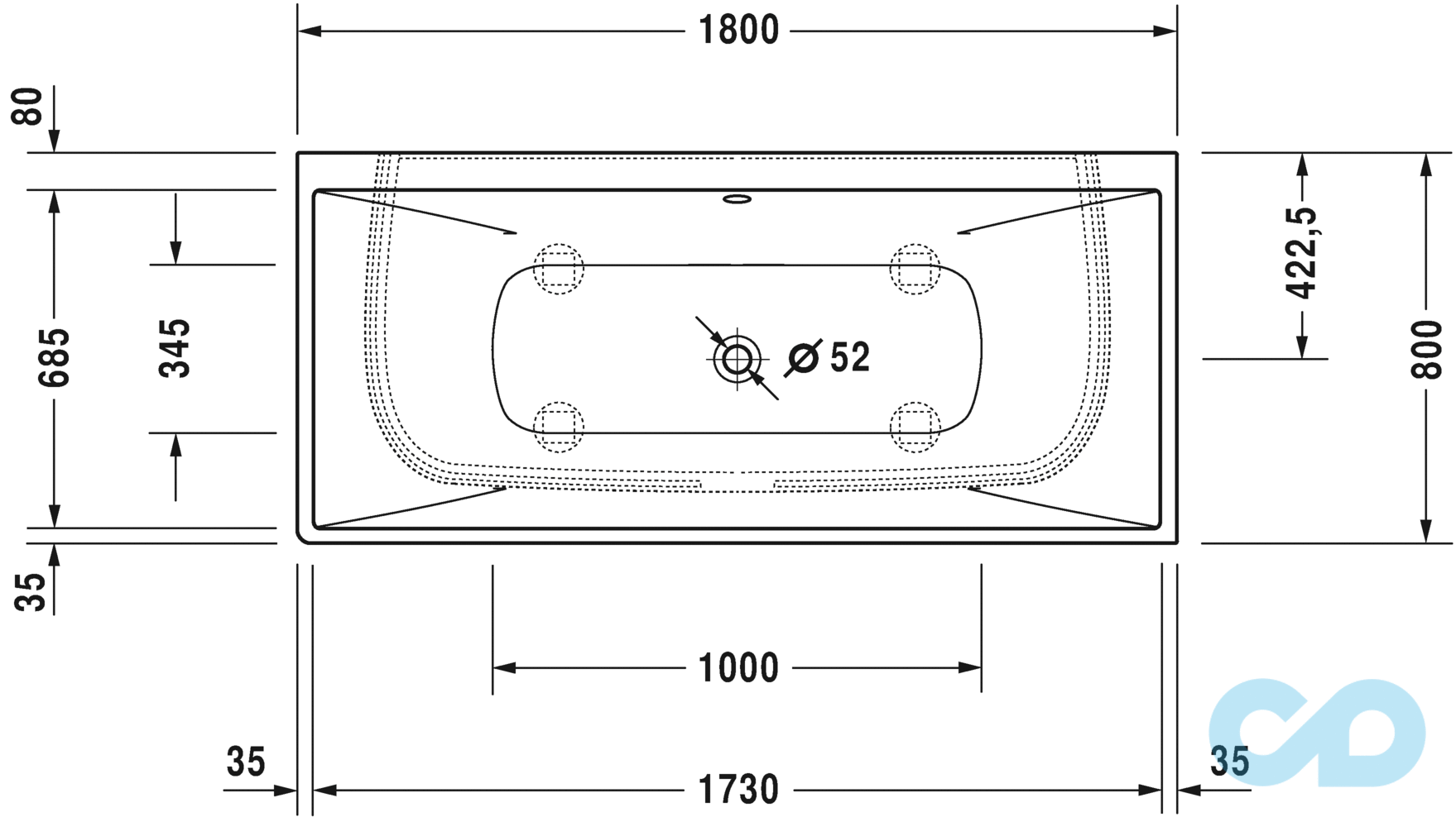 чертеж Ванна угловая Duravit DuraSquare 700429000000000 (пристенная)