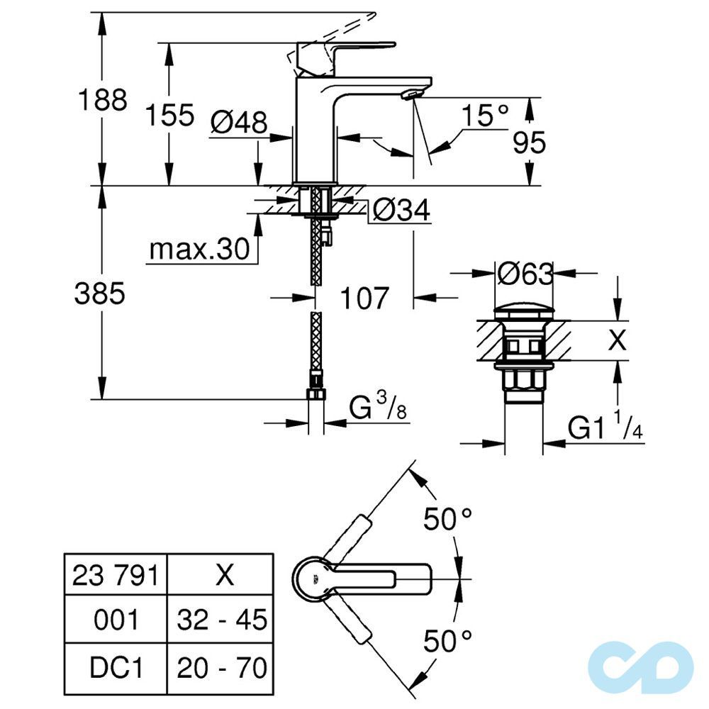 розмір змішувач для раковини grohe lineare 23791001 xs-size