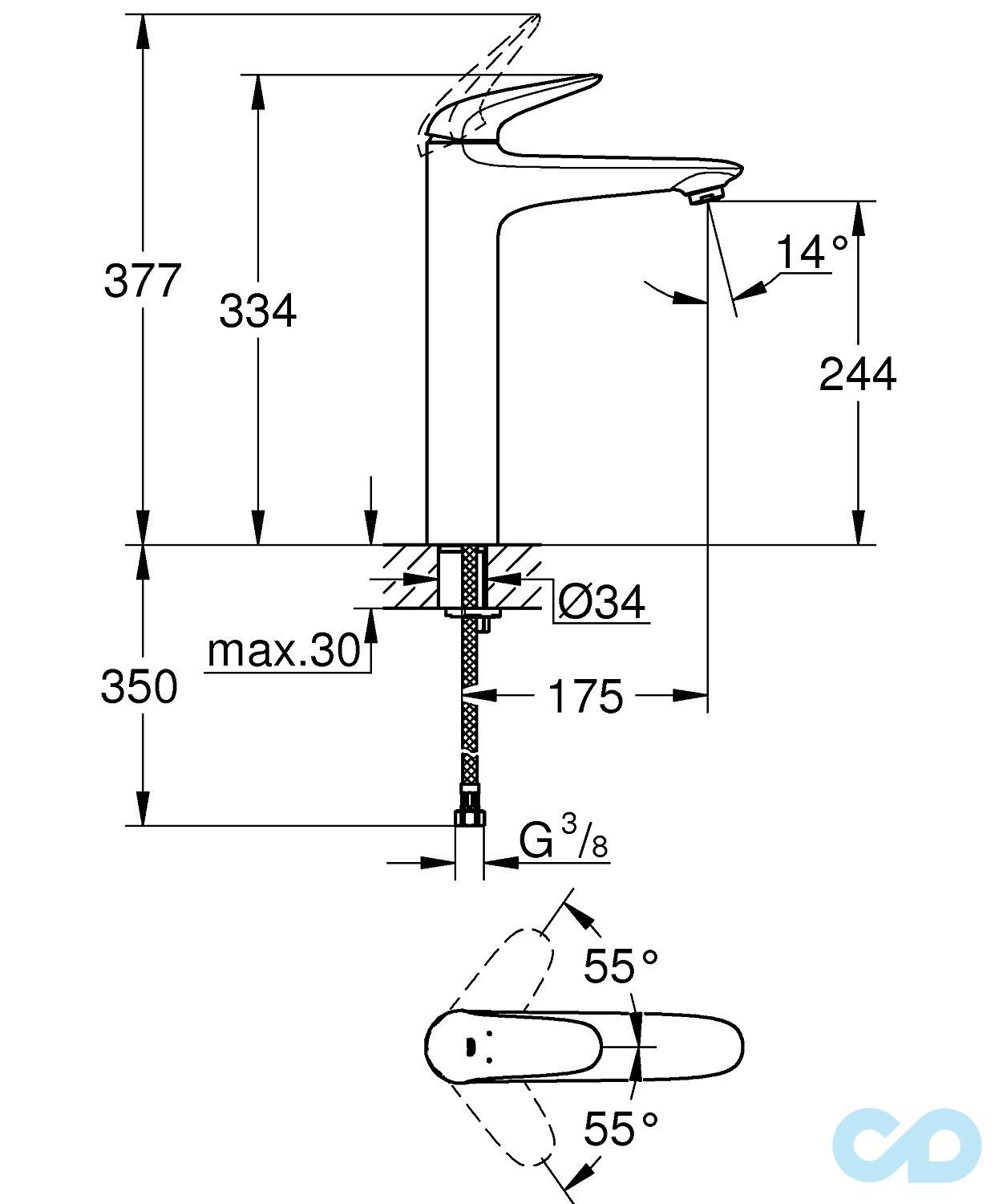 розмір змішувач для раковини grohe eurostyle 23719003