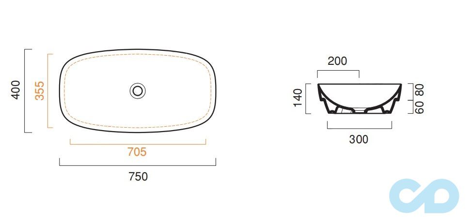 раковина накладна catalano colori 175agrlxbm розміри