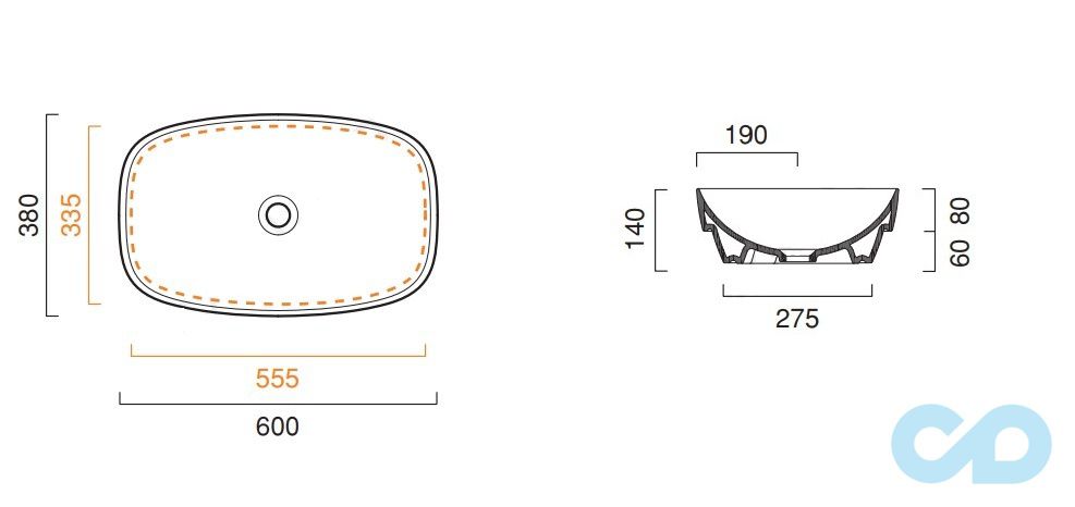 раковина накладна catalano colori 160agrlxbm розміри