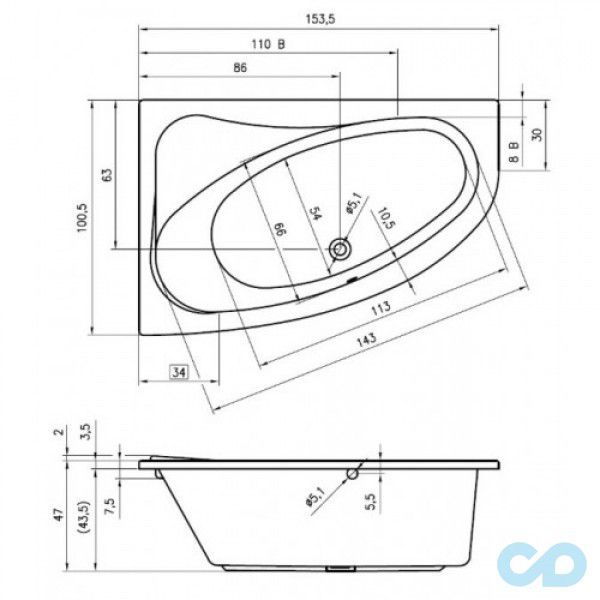 ванна riho lyra 153х100 r ba67 размеры