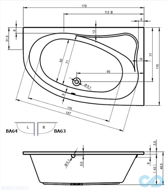 ціна ванна riho lyra 170X110 l ba64