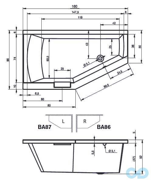 размеры ванна riho geta 160х90 r ba86