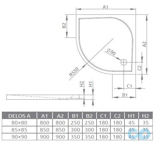 креслення Піддон Radaway Delos A 80 SDA0808-01