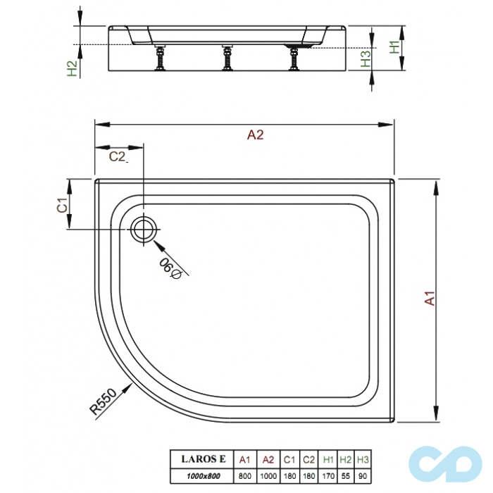 креслення Піддон Radaway Laros E 100х80 Compact SLE81017-01R правий