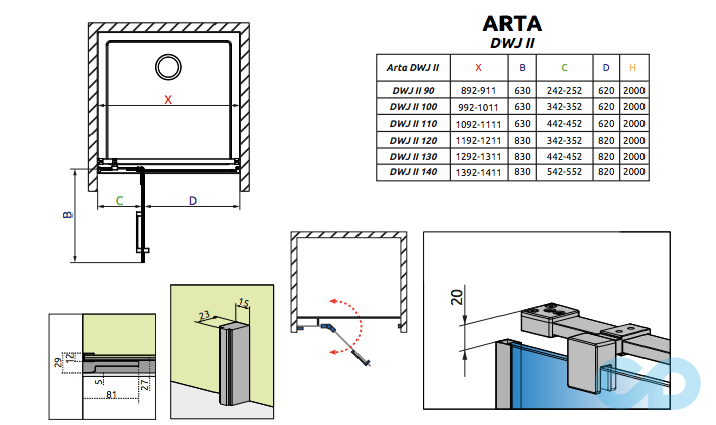 чертеж Душевая дверь Radaway Arta DWJ I 386072-03-01R
