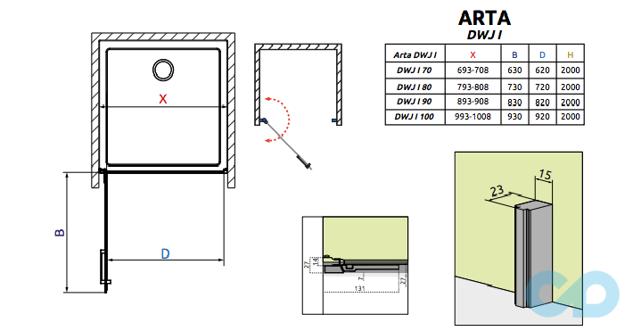 креслення Душові двері Radaway Arta DWJ I 386070-03-01R