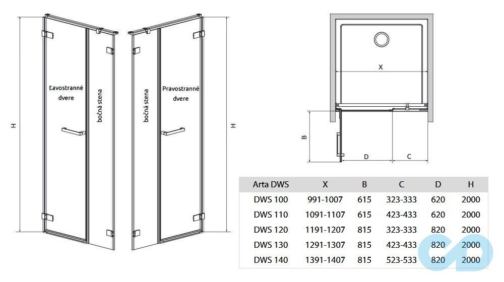 креслення Душові двері Radaway Arta DWS 386828-03-01R, 386091-03-01R
