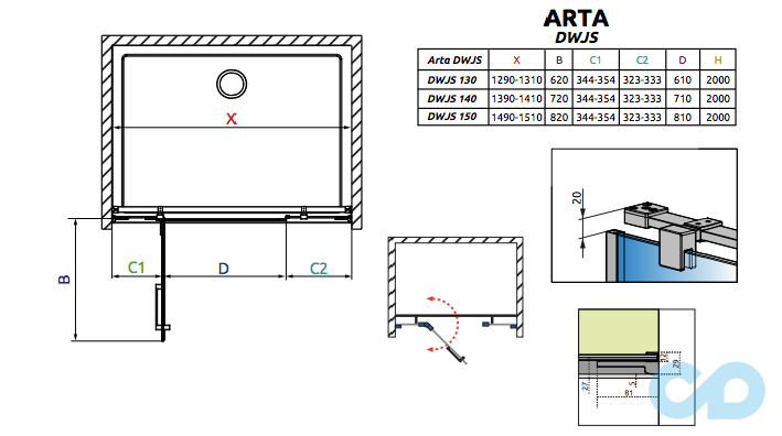 креслення Душові двері Radaway Arta DWJS 140 ліва 386456-03-01L, 386122-03-01L