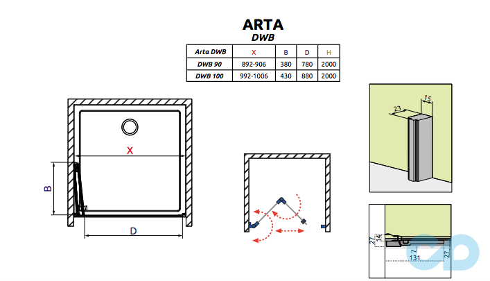 креслення Душові двері складна Radaway Arta DWB 90 ліва 386151-03-01R