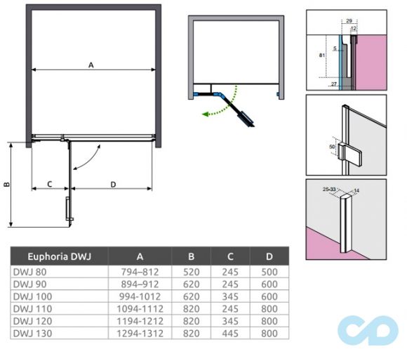 креслення Душові двері Radaway Euphoria DWJ 100 права 383014-01R