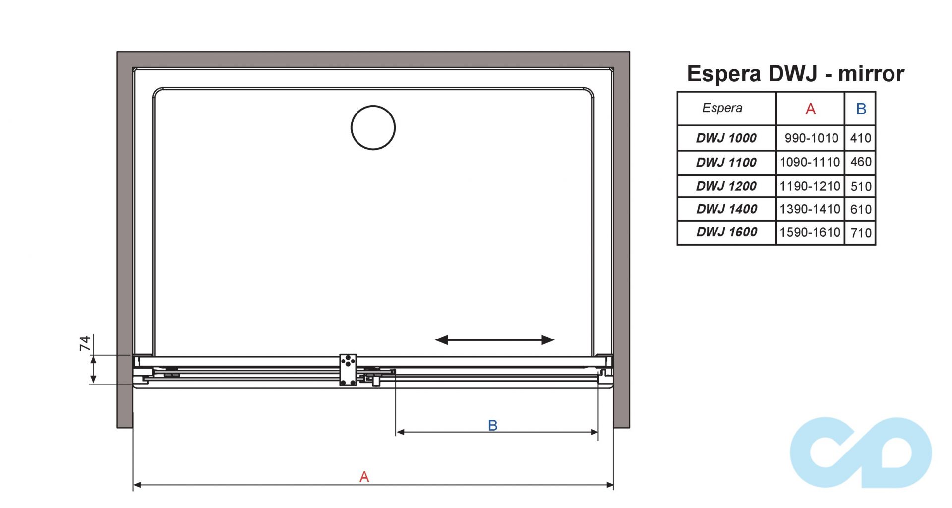 креслення Душові двері Radaway Espera DWJ Mirror 140 ліві 380114-71L
