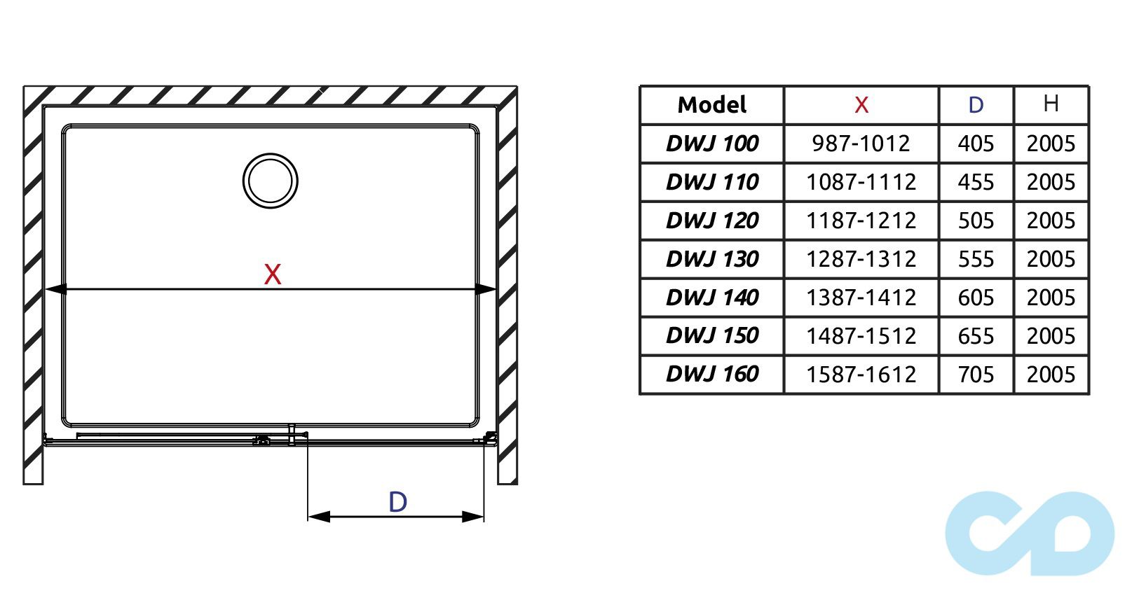 креслення Душові двері Radaway Idea DWJ 120 права 387016-01-01R