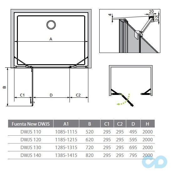 креслення Душові двері Radaway Fuenta New DWJS 120 права 384031-01-01R