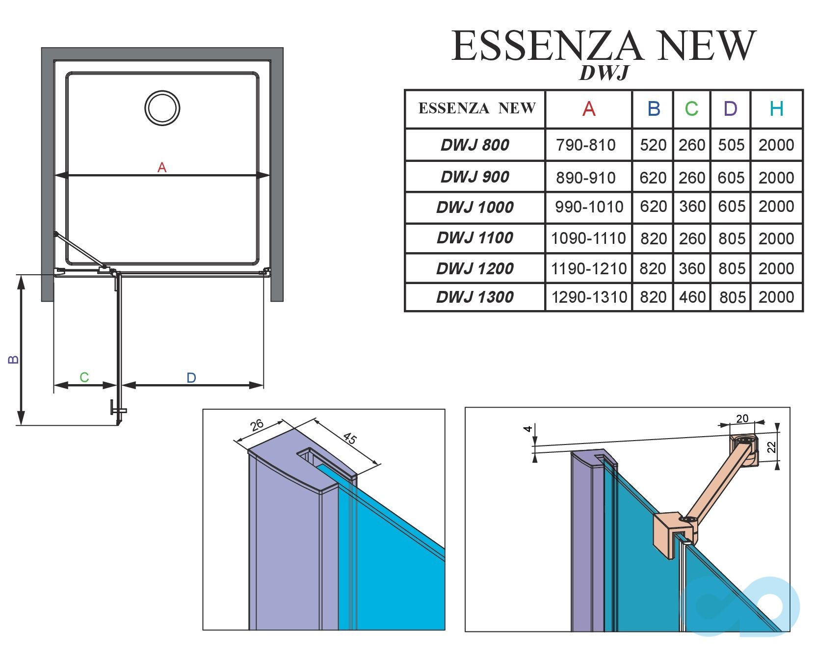 креслення Душові двері Radaway Essenza New DWJ 100 праві 385014-01-01R
