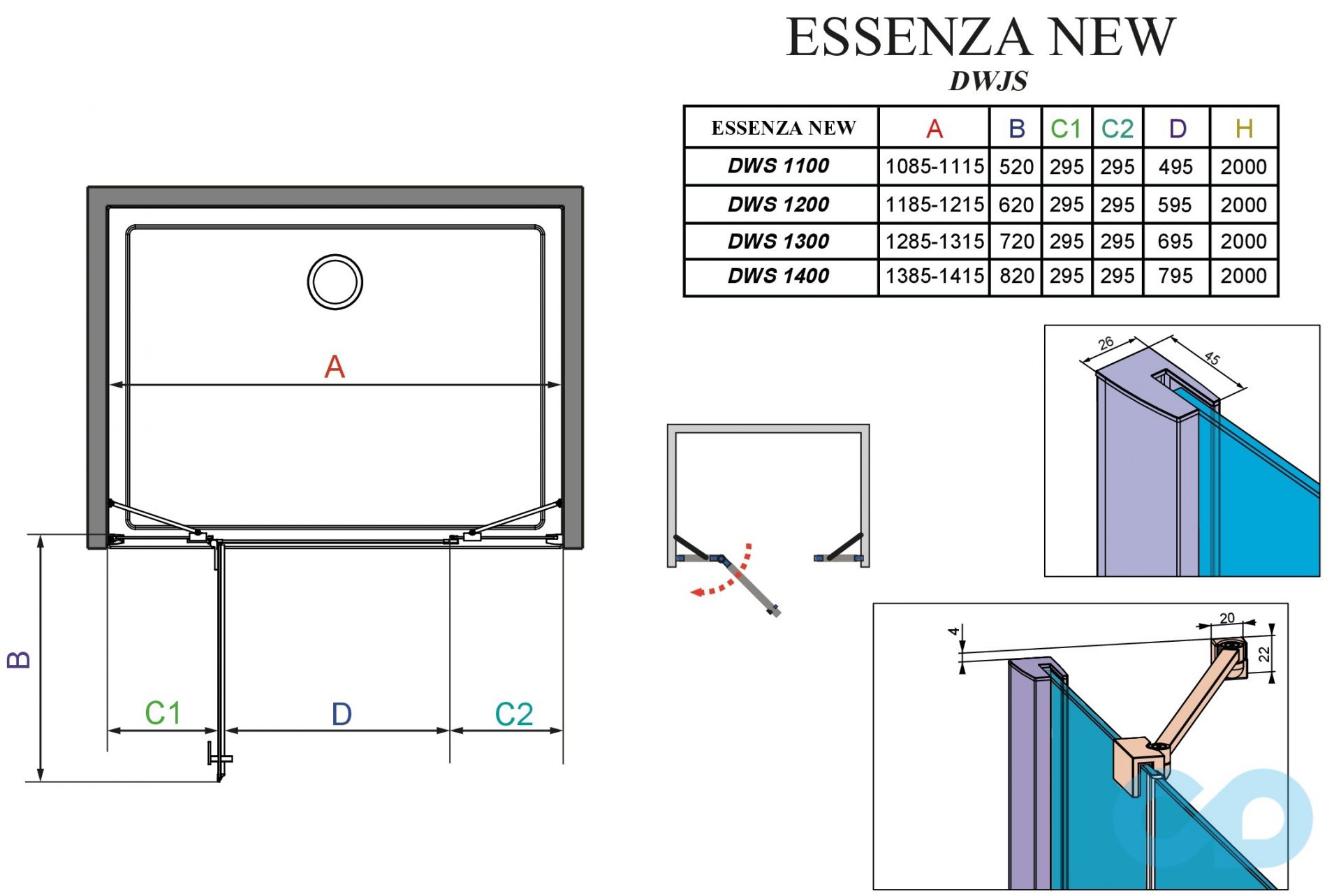 креслення Душові двері Radaway Essenza New DWJS 130 ліві 385032-01-01L, 384090-01-01