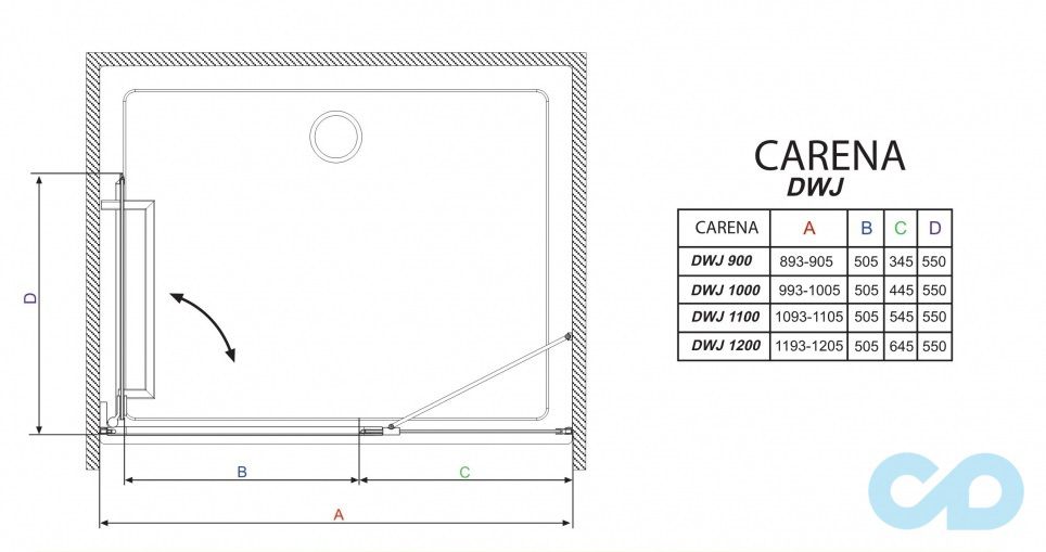 креслення Душові двері Radaway Carena DWJ 90 ліва 34302-01-01NL