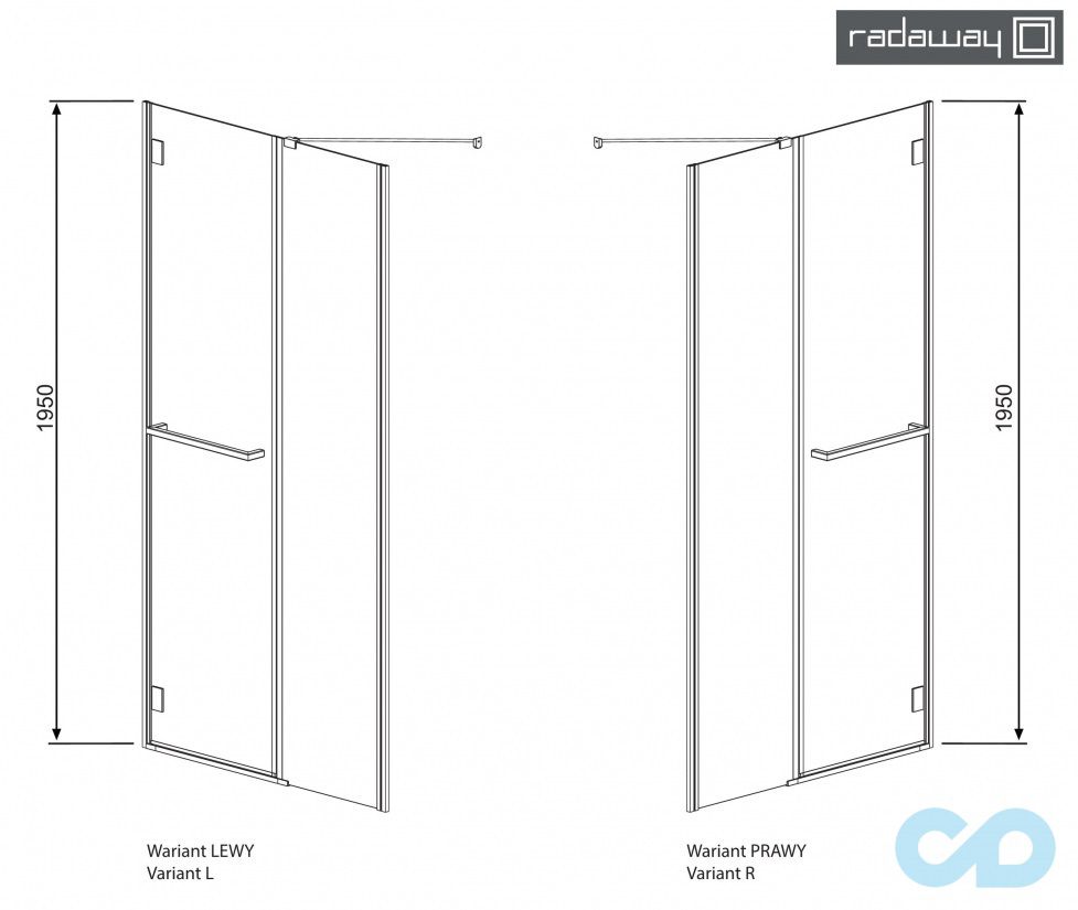 технічна схема Душові двері Radaway Carena DWJ 90 ліва 34302-01-01NL