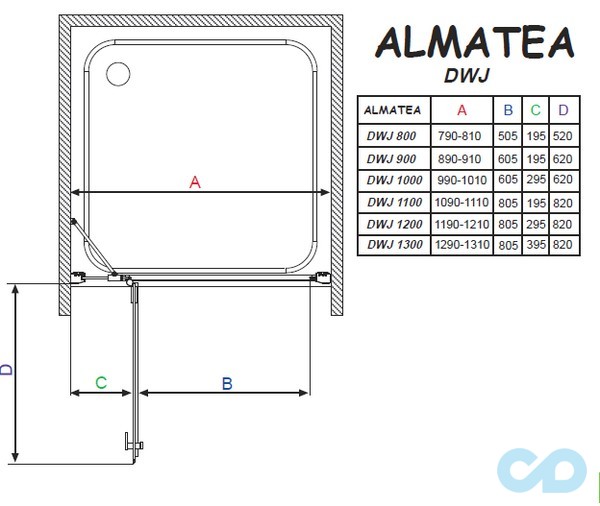 креслення Душові двері Radaway Almatea DWJ 80 права 30902-01-12N (інмато