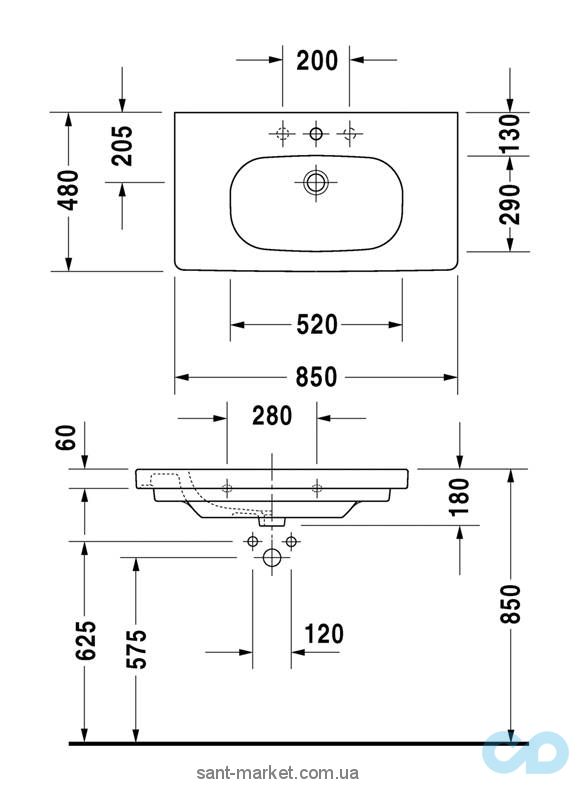 чертеж  Тумба для раковины подвесная Duravit Ketho 85х48х18 + Раковина D-Code KT006301818