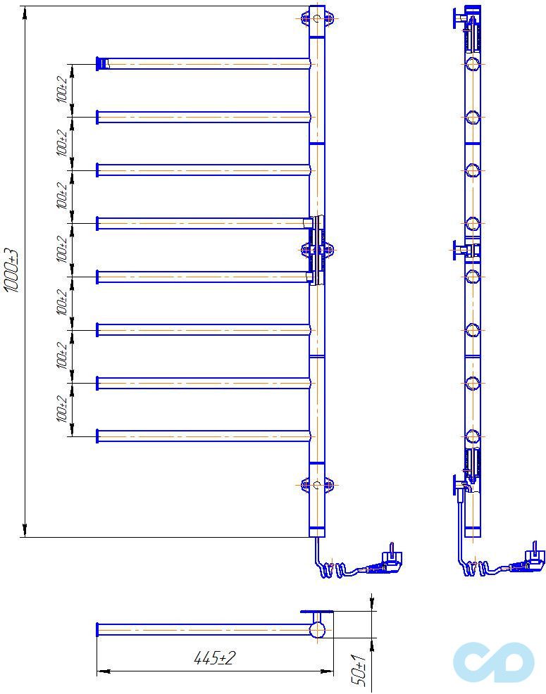 чертеж Полотенцесушитель электрический Mario Веер-I 1000x445