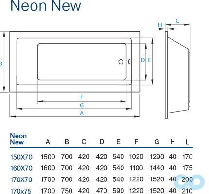 розміри ванна акрилова kollerpool neon 170 * 70
