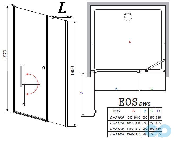 креслення Душові двері Radaway Eos DWS 140 права 37993-01-01NR