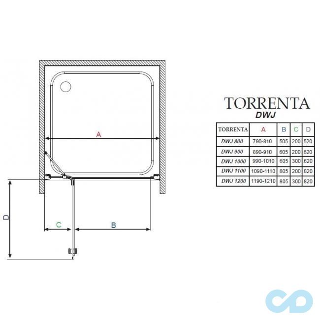 чертеж Душевая дверь Radaway Torrenta DWJ 90 левая 31900-01-05N (графит)