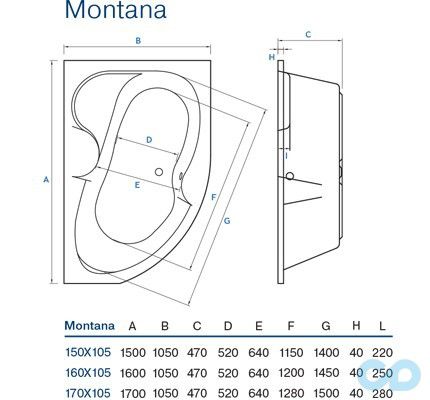 креслення Ванна акрилова KollerPool Montana 150х105 L/R