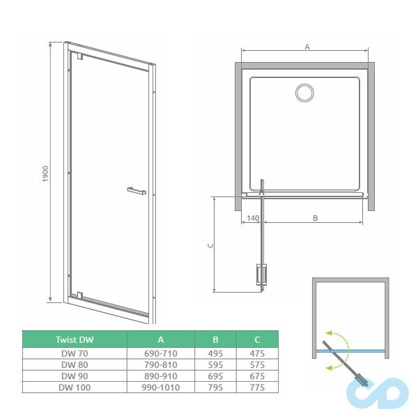 чертеж Душевая дверь Radaway Twist DW 100 арт. 382003-01