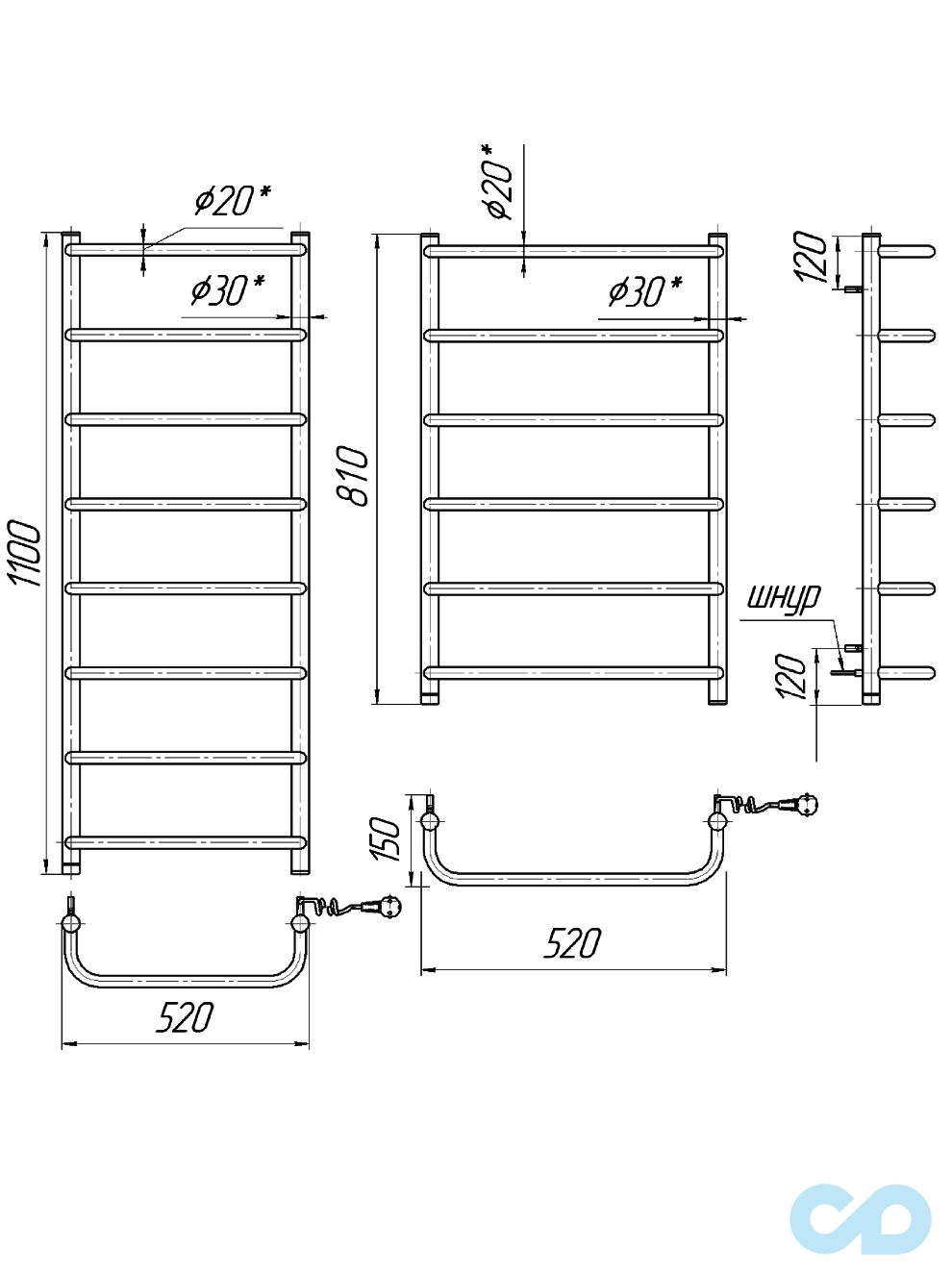 креслення Полотенцесушитель електричний Mario Стандарт HP-I 1090x530 (4820111353781